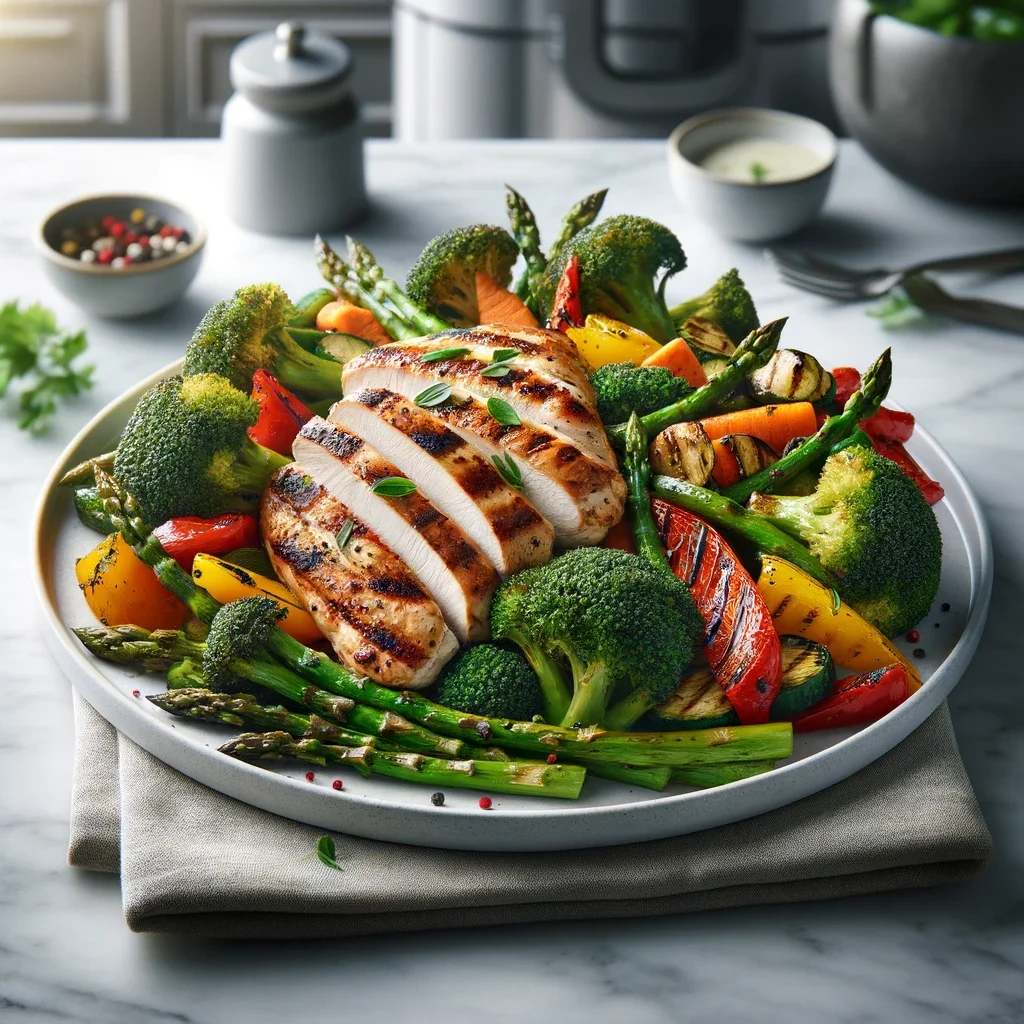 Bord vol met gegrilde kip en gemengde groente.