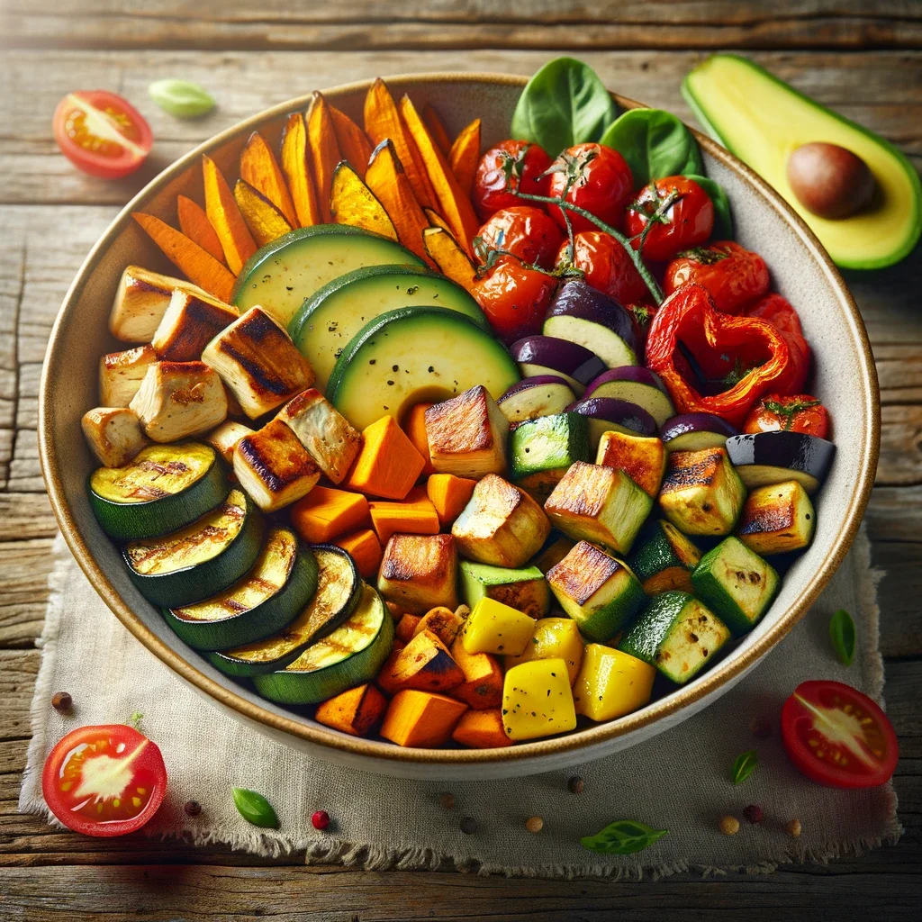 Overzicht van een bowl vol ingredieten voor het gerecht geroosterde groenten en vegetarische kipstukjes bowl