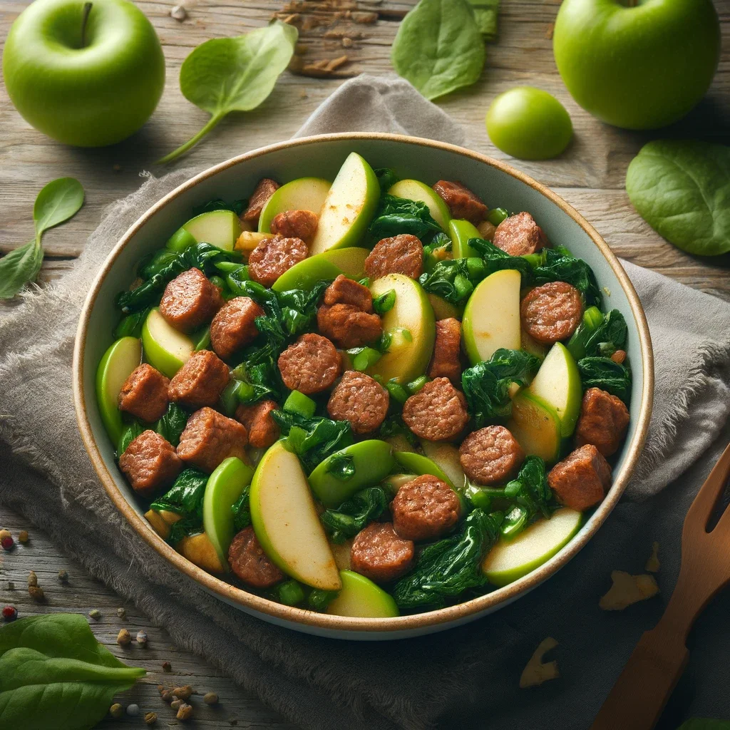 Kom gevuld met een heerlijke lunch bestaande uit runderworstjes met appel en andijvie roerbak.