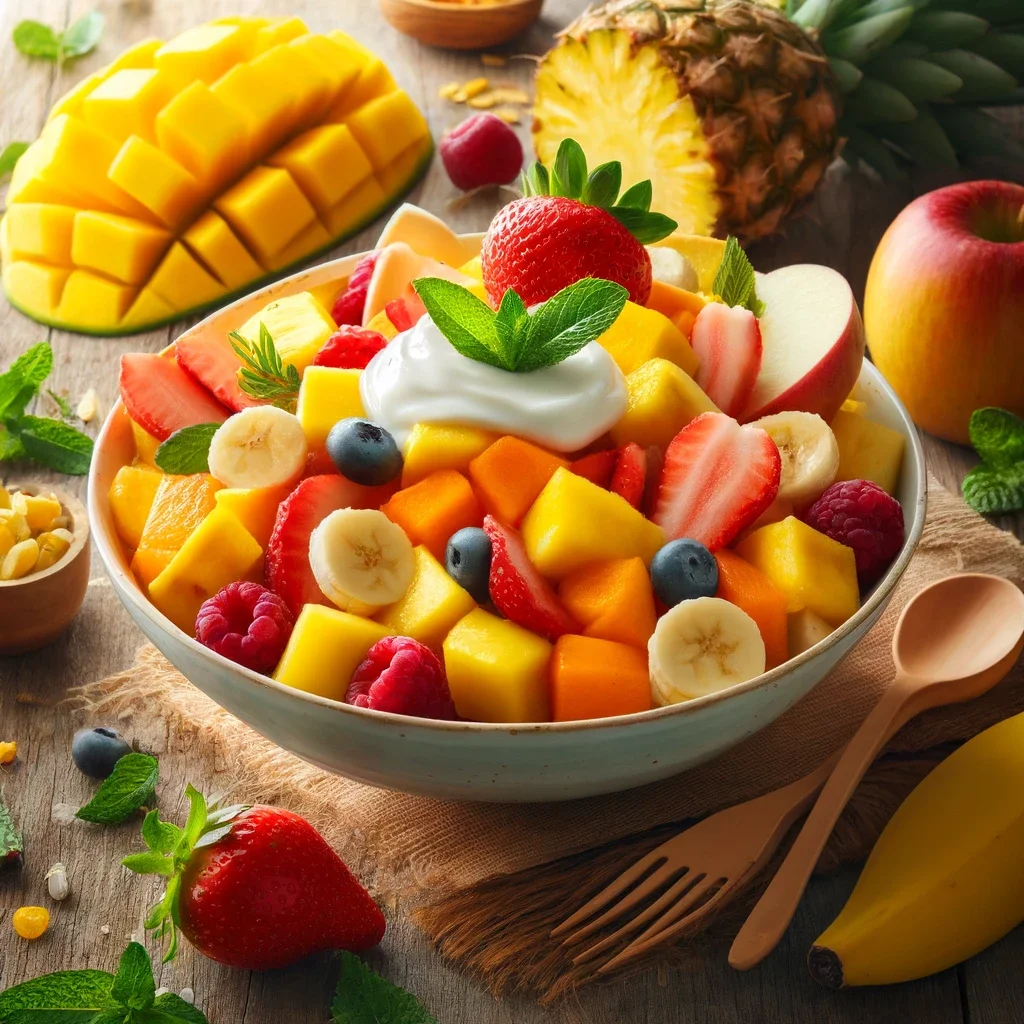 Een kom vol met stukjes mango, ananas, banaan en appel. Kortom een heerlijke tropische fruitsalade.