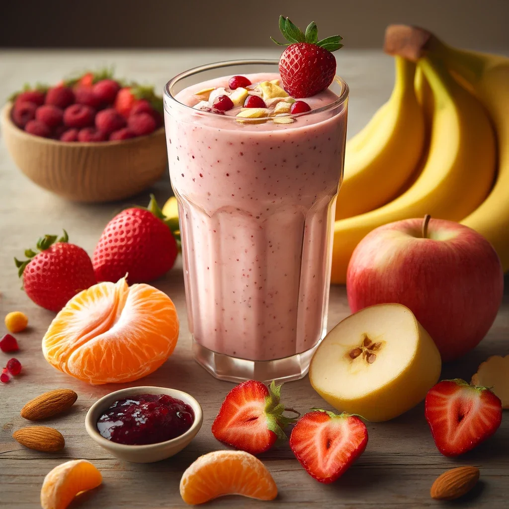 Een lang glas gevuld met de zonnige fruitexplosie smoothie met daaromheen een ovezricht van alle ingrediënten