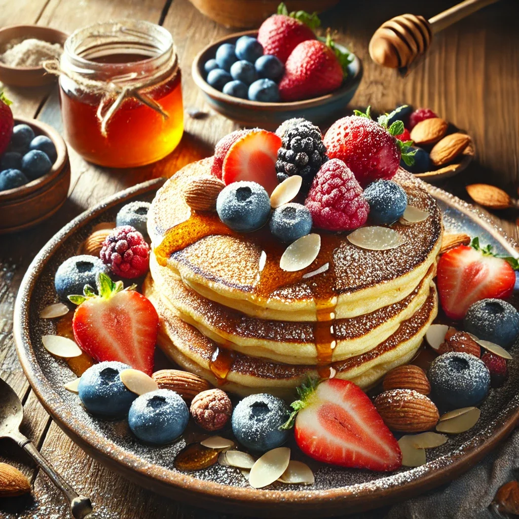 Een bord met daarop een stapel amandelmeel pancakes, omringt met fruit en overgoten met een scheut ahornsiroop.