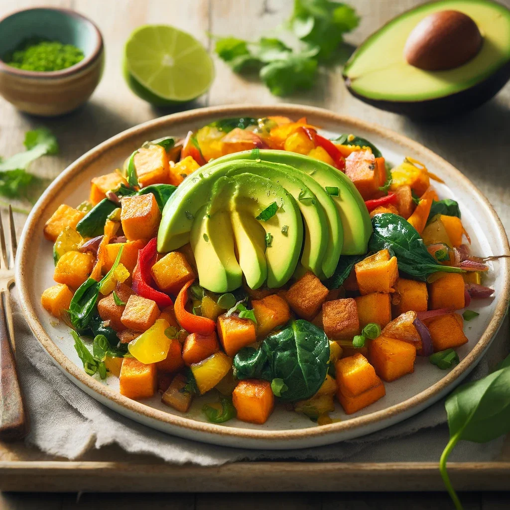 Een bord vol met heerlijke zoete aardappel hash met avocado.